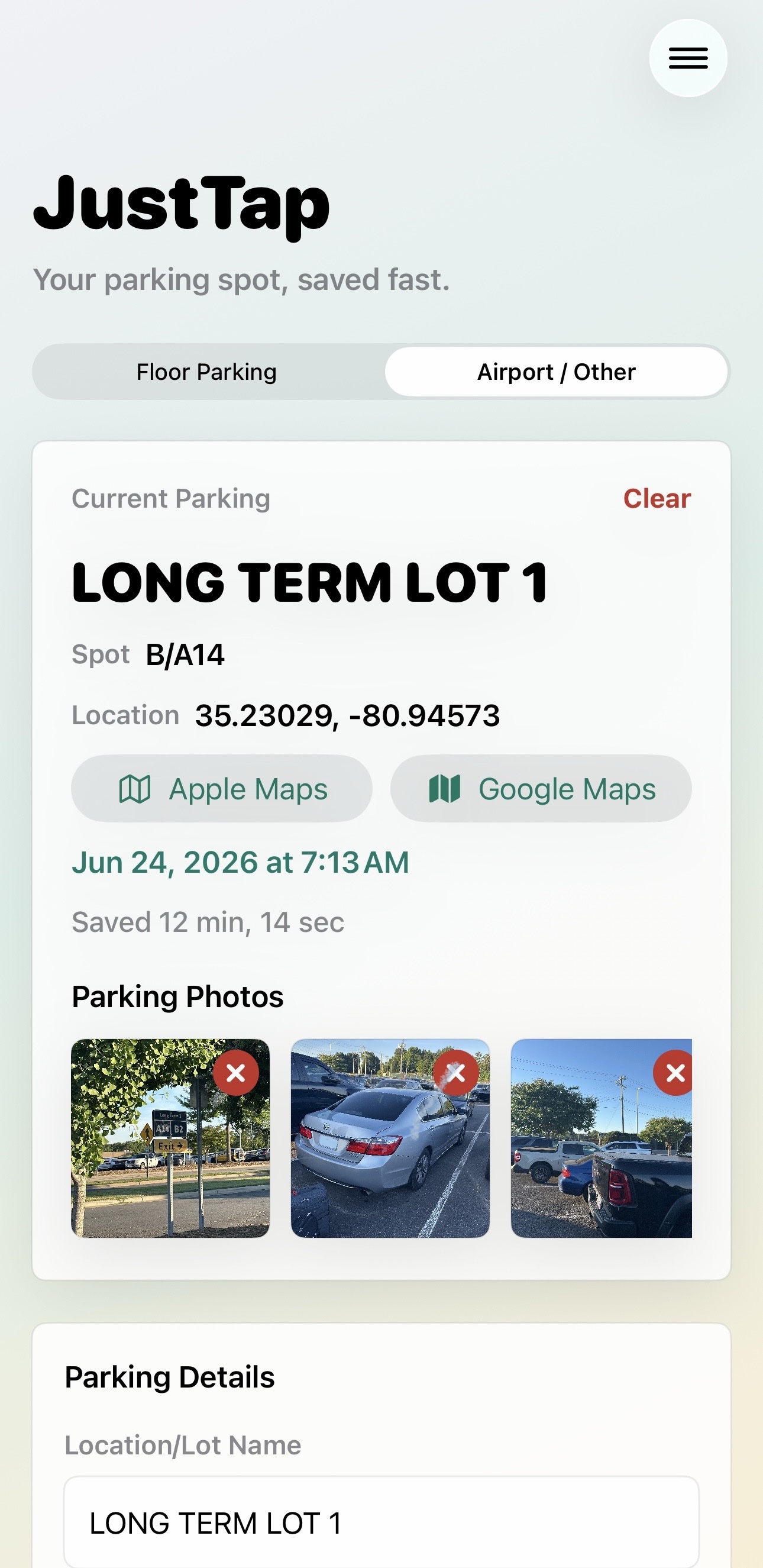 JustTap Airport and Other parking screen showing a lot name, spot, maps, and several saved photos
